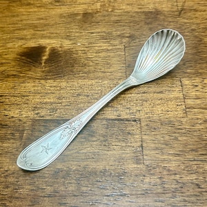 Antique Sugar Shell Spoon, International Silver Olive 1848 Pattern, Engraved Star Handle, Silverplate Serving Spoon 5 3/4”