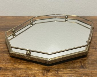 Vintage Mirrored Vanity Tray, Gold Tone Gallery Tray, Octagon Dresser Perfume Tray, Hollywood Regency Decor, Jewelry Display