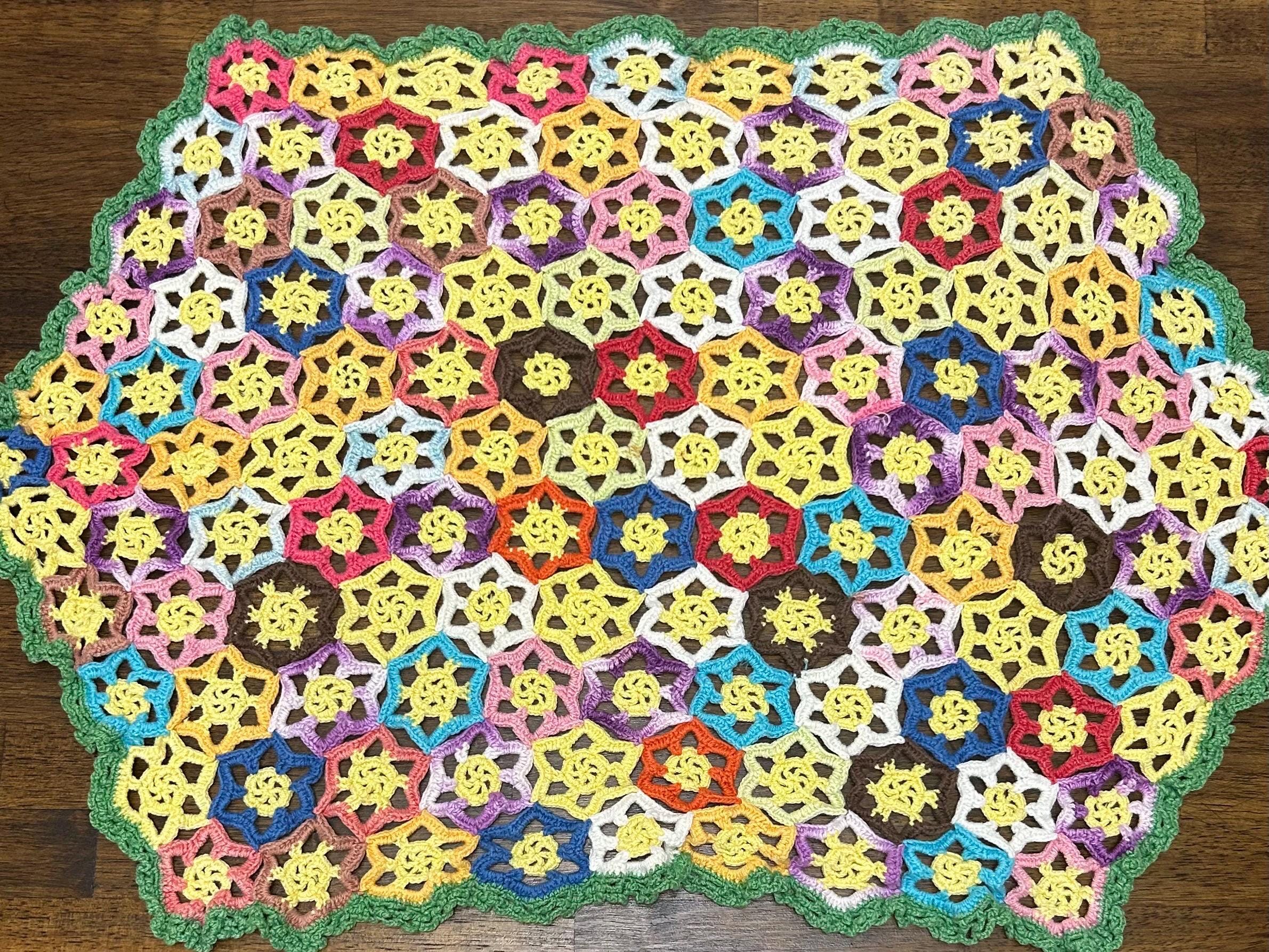 Hand Rummer Vintage Hand Crocheted Granny Square Table Runner, Colorful Floral ...