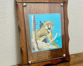 Lámina vintage de puma sobre tabla, arte de vida silvestre firmado a mano, arte mural de puma, lámina rústica sobre madera, edición limitada 2/5