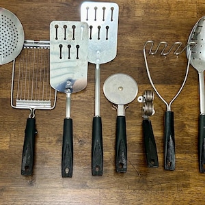 Ekco Vintage Black Handle Mid-Century Utensils - Slotted Spatula, Spoon, Pizza Cutter, Potato Masher, Carving Fork, Knife Sharpener