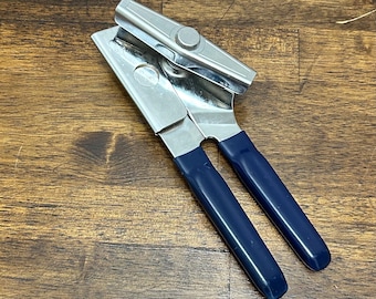 Vintage Swing-A-Way Can Opener, Navy Blue Handles, Built-In Bottle Opener, Made in USA