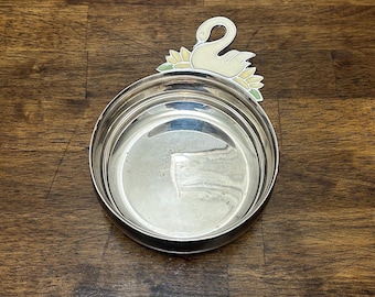 Vintage versilberte Schwanenschale, Schale mit Schwanengriff von Lunt, Schmuckschale mit Emaille-Akzent, Mid-Century-Schminktischdeko