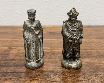 Vintage Bronze Chess Pieces, Medieval King and Queen Replacement Figures, 3 Inch