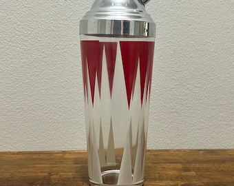 Vintage Hazel Atlas Cocktail Shaker, Red & White Geometric Glass Martini Shaker, Atomic MCM Barware, Art Deco Revival, Missing Pour Cap