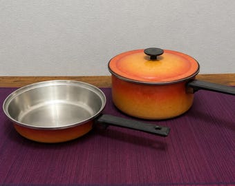 Vintage Ekco Orange Ombre Saucepan Skillet Set with Lid Retro Mid Century Cookware