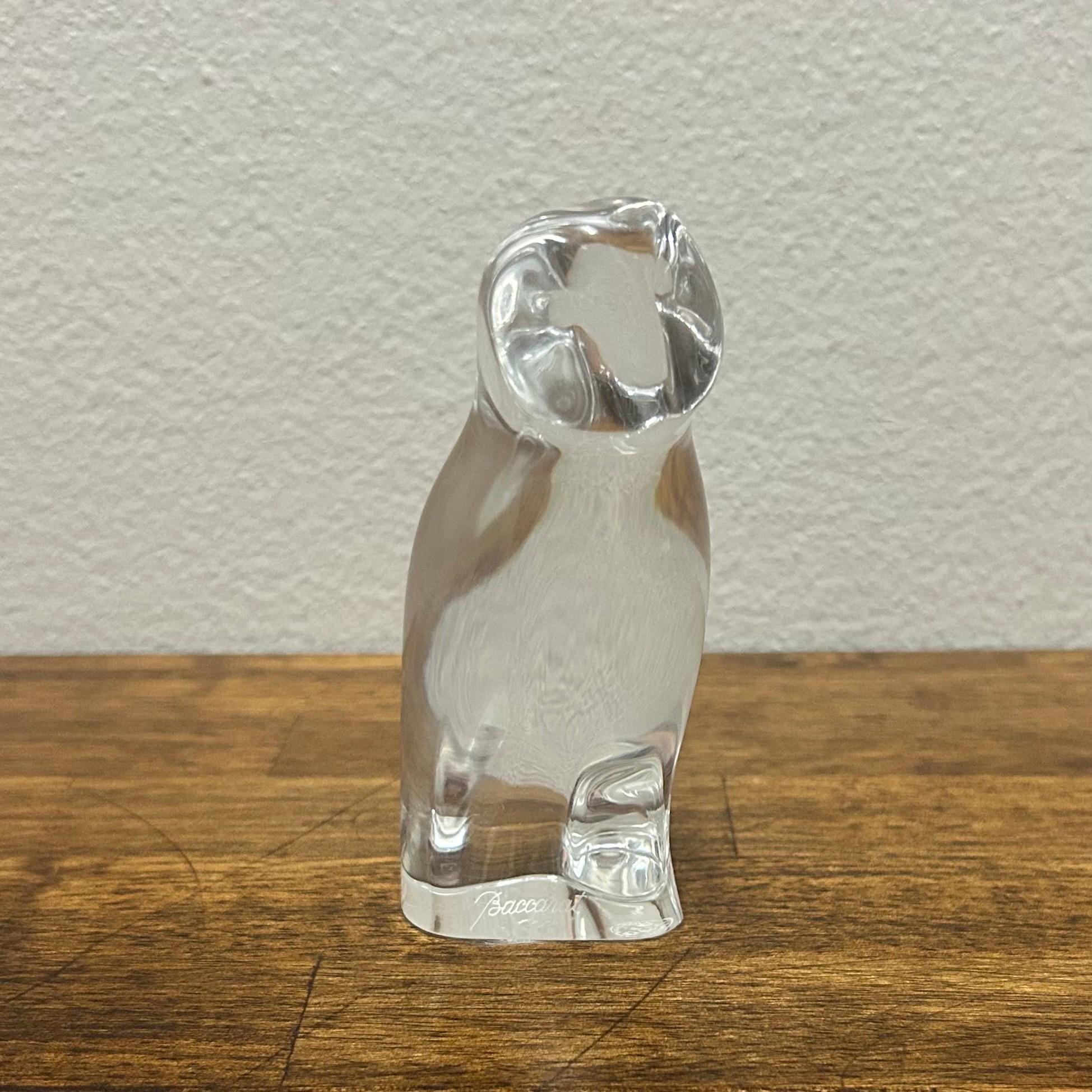 Vintage Baccarat Crystal Owl Figurine, Signed France Clear Crystal Bird Sculpture, 4 Inch Art Glass 