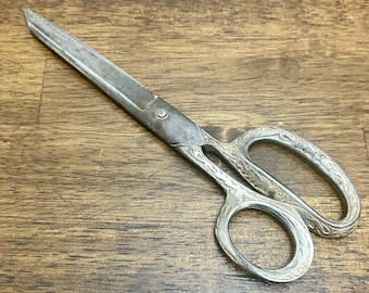 Vintage Sewing Scissors, Ornate Floral Handle Silver Tone Tailor Shears