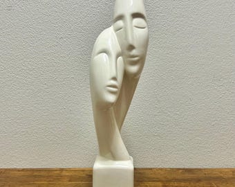 Vintage abstrakte Keramik Gesichtsskulptur, Hingabe Einheit Liebhaber Figur, signierte 1970er Jahre modernistische Studiokeramik, minimalistisches, romantisches Dekor