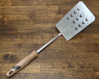 Vintage Ekco Heart Cutout Slotted Turner, Stainless Steel Spatula, USA, Faux Wood Handle Kitchen Utensil