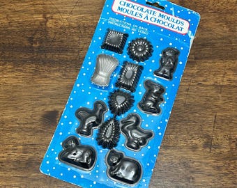 Vintage Metal Chocolate Molds on Original Card, Bunny Duck Lamb Bear Cat Rooster Candy Molds, New Old Stock
