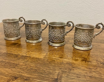 Vintage Silverplate Tea Glass Holders, Set of 4 Filigree Demitasse Cup Sleeves, Ornate Scroll Handles, 2.5 Inch