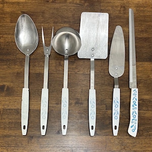 Ekco Vintage Blue Cornflower Spatula, Carving Fork, Ladle, Basting Spoon, Dessert Server or Household Japan Slicing Knife - You Choose