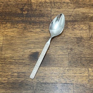 May include: A silver-toned metal spoon featuring a polished, oval-shaped bowl and a slender, flat handle. The handle is decorated with a repeating, intricate scrollwork pattern enclosed within a border of small, embossed circular dots.