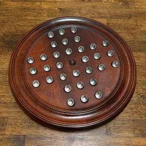 Handmade Vintage Dark Wood Bishops Game, Solitare Marble Game
