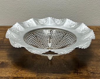 Vintage Frosted Glass Footed Bowl, Floral Pressed Glass Centerpiece, Hobnail Compote Dish, Elegant Table Decor