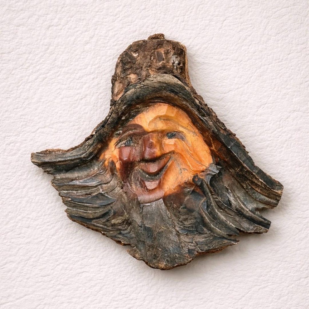 Vintage Hand Carved Wood Spirit Face Wall Plaque, Rustic Folk Art Green ...