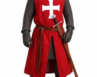 Medieval Knight Tunic Red White Cross Surcoat, Crusader Tabard, Templar Costume, LARP Reenactment Renaissance Faire Outfit