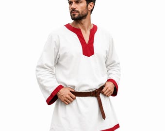 Medieval Viking Tunic for Men, White Red Norse Shirt, Renaissance Costume, LARP Reenactment Clothing, Medieval Long Sleeve Top