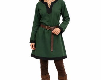 Women’s Medieval Tunic, Viking Dress Top, Green Black Renaissance Clothing, Norse LARP Costume, Reenactment Faire Outfit
