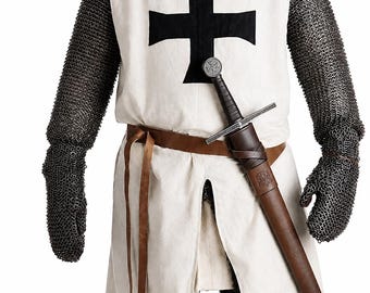 White Cotton Templar Tunic with Black Cross, Sleeveless Medieval Knight Tabard