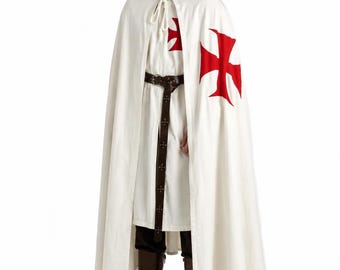 Medieval Templar Cloak & Tunic Set, White Hooded Crusader Cape with Red Cross, Sleeveless Knight Tabard, LARP Reenactment Costume