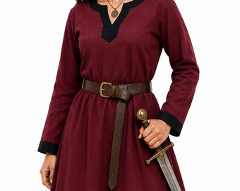 Women’s Medieval Tunic, Maroon Black Viking Shirt, Renaissance Faire Costume, Norse LARP Clothing, Reenactment Outfit