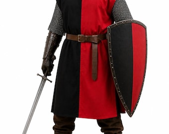 Black Red Medieval Knight Tunic, Cotton LARP Surcoat, Renaissance Faire Tabard, SCA Reenactment Costume, Handmade Armor Clothing