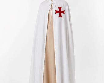 Women’s Medieval Knight Cloak with Cross, Cotton Crusader Cloak, LARP Reenactment Costume, Standing Collar, Custom Length
