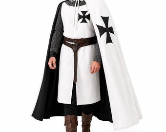 Templar Knight Tunic and Cloak Set, White Medieval Crusader Costume with Black Cross, Black Lined Hooded Cape, LARP Reenactment Outfit