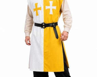 Medieval Knight Tunic, Yellow White Crusader Surcoat, Double Cross Tabard, LARP Costume, Renaissance Reenactment Outfit