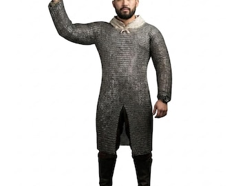 9mm Flat Riveted Chainmail Hauberk Long Sleeve | Mild Steel Oil Finished Armor Shirt | Medieval Chain Mail for Men | S–2XL | Made to Order