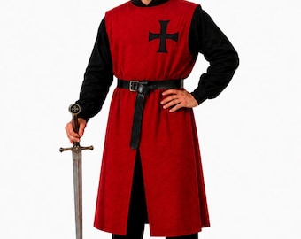 Medieval Knight Tunic Red Black Cross, Templar Inspired Crusader Surcoat, LARP Reenactment Costume, Renaissance Faire Warrior Tabard