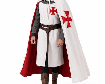 Templar Knight Tunic and Cloak Set, Medieval Crusader Costume, White Hooded Cape with Cross, LARP Reenactment Knight Outfit