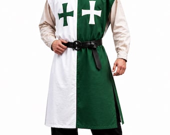Medieval Knight Tunic Green White, LARP Tabard, Crusader Surcoat, Renaissance Faire Costume, SCA Reenactment Clothing