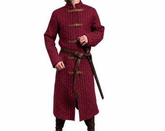 Burgundy Medieval Gambeson for Men, Quilted Knight Armor Coat, LARP Reenactment Clothing, Padded Viking Jacket, Renaissance Costume