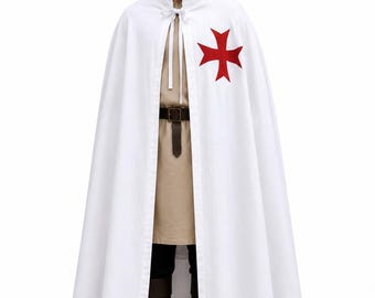 Medieval Templar Cloak with Cross, Cotton Crusader Knight Cloak, LARP Reenactment Costume, Standing Collar, Custom Length