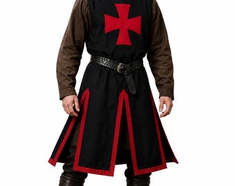 Medieval Crusader Tunic for Men, Black Red Knight Tabard, Templar Cross Costume, LARP Reenactment Surcoat, Renaissance Faire Outfit