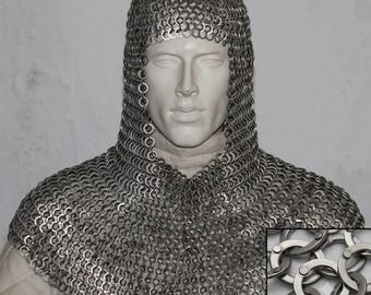 9mm Flat Riveted Chainmail Coif with Washers | Medieval Chainmaille Hood | Knight Armor Coiff | LARP | SCA | Reenactment Helmet Liner