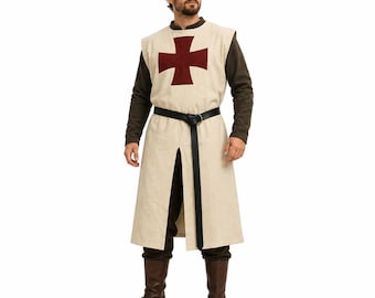 Medieval Templar Tunic with Red Cross, Crusader Knight Tabard, Ivory Cotton Surcoat, LARP Reenactment Costume, Renaissance Medieval Clothing