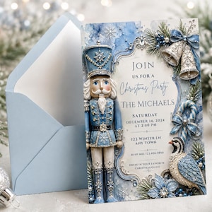 Könnte beinhalten: Eine Weihnachtsparty-Einladungskarte mit einem blauen Nussknacker, silbernen Glocken, einer Zuckerstange und einem Vogel. Der Text lautet: JOIN US FOR A Christmas Party THE MICHAELS SATURDAY DECEMBER 14, 2024 AT 2:00 PM 123 WINTER LN ANY TOWN RSVP MEL 123.456.7890.