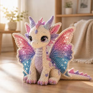May include: A crocheted dragon plush toy featuring a cream-colored body with pastel purple, pink, and blue accents on its wings, horns, and tail. The creature has large dark eyes, pointed ears, and a textured yarn finish throughout its design.