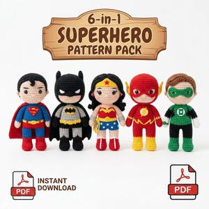 Superhjälte-virkmönsterpaket PDF | Batman Superman Wonder Woman Flash Green Lantern Amigurumi-mönster | Virkdockahandledning