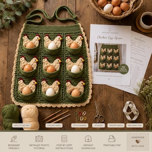 May include: A dark green crochet egg apron featuring nine pockets, each adorned with a beige chicken motif containing a real egg. The set includes a printed pattern document titled Chicken Egg Apron, yarn skeins, crochet hooks, stitch markers, scissors, a tapestry needle, and a white measuring tape.