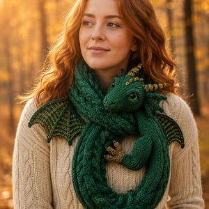 May include: A dark green knitted scarf shaped like a dragon, featuring a detailed head with golden horns, textured wings, and clawed feet. The scarf is constructed with a thick cable-knit pattern and wraps around the neck in a circular loop.