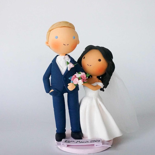 Custom Bride & Groom wedding cake topper, Pastel Pink wedding cake topper, Mixed race wedding, Short bride and Tall groom topper