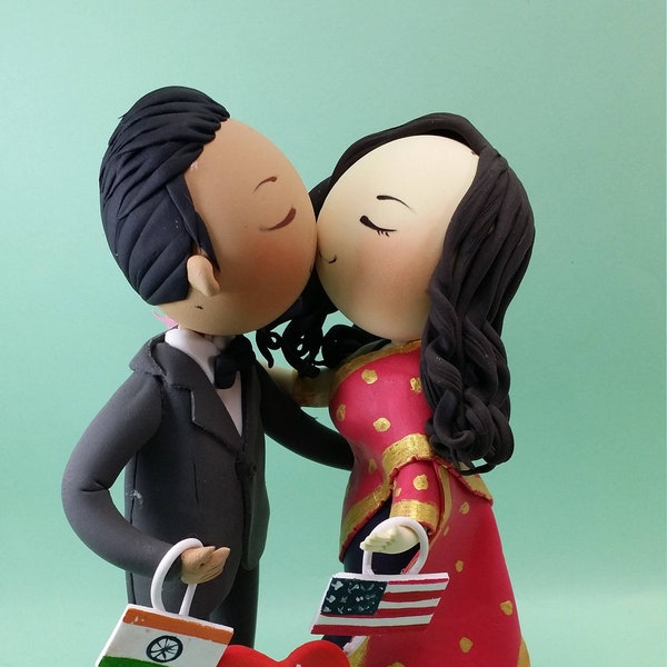 Indian traditional wedding costume bride and USA groom wedding cake topper, lotus bouquet clay miniature, engagement clay figure decoration