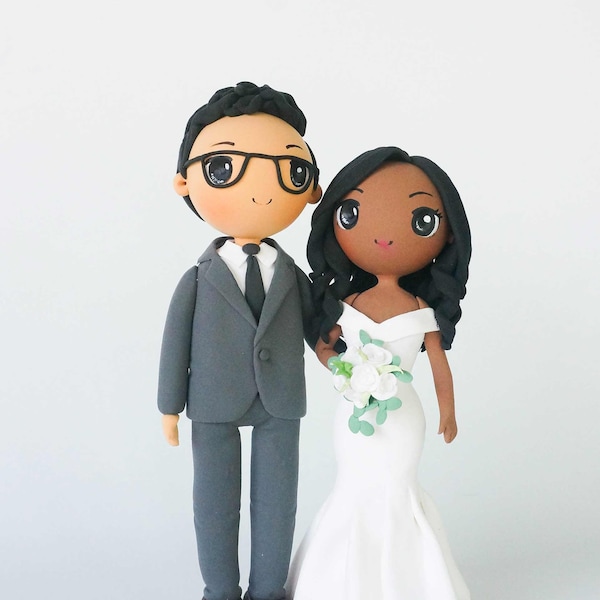 Custom Bride & Groom wedding cake topper, Mixed race wedding cake topper, beautiful white wedding cake topper