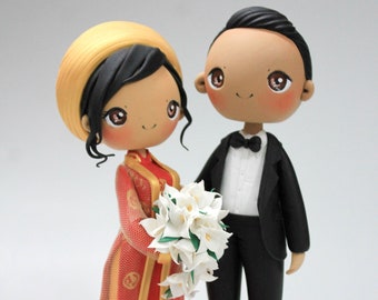 Vietnamese Bride and American Groom Wedding Cake Topper, Ao dai wedding cake topper, Mixed Race Bride & Groom, Red and Gold Wedding Theme