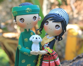 Hmong Wedding cake topper, Hmong and Vietnam wedding topper, traditional bride and groom with dog cake topper, ethnic wedding cake topper